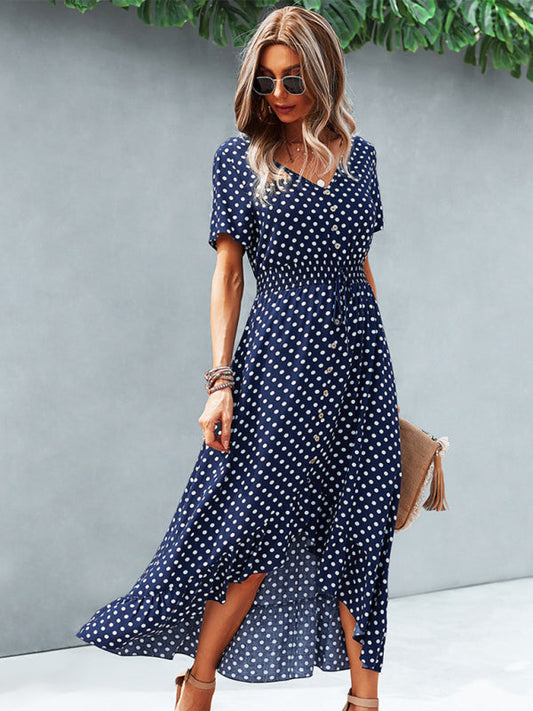 Midi Dresses- Women's Polka Dot V Neck Midi Dress With Buttons Front & Waist Tie- Navy Blue- Pekosa Women Clothing