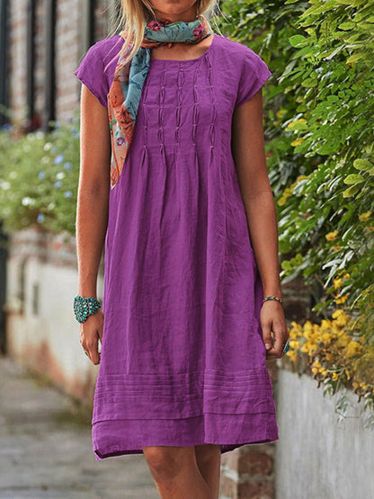 Midi Dresses- Women's Textured A-Line Dress - Casual Chic with Pleated Design- Purple- Pekosa Women Clothing