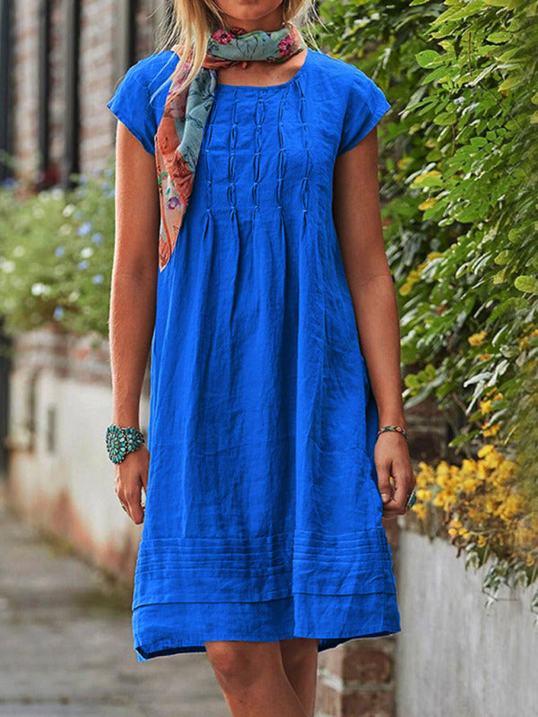 Midi Dresses- Women's Textured A-Line Dress - Casual Chic with Pleated Design- Blue- Pekosa Women Clothing