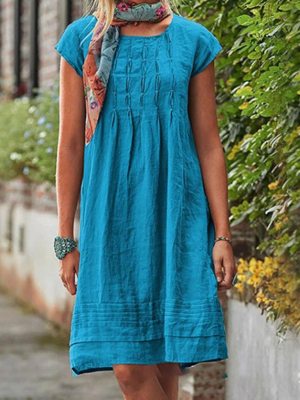 Midi Dresses- Women's Textured A-Line Dress - Casual Chic with Pleated Design- Sky blue azure- Pekosa Women Clothing