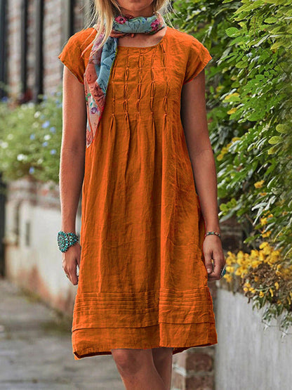 Midi Dresses- Women's Textured A-Line Dress - Casual Chic with Pleated Design- Orange- Pekosa Women Clothing