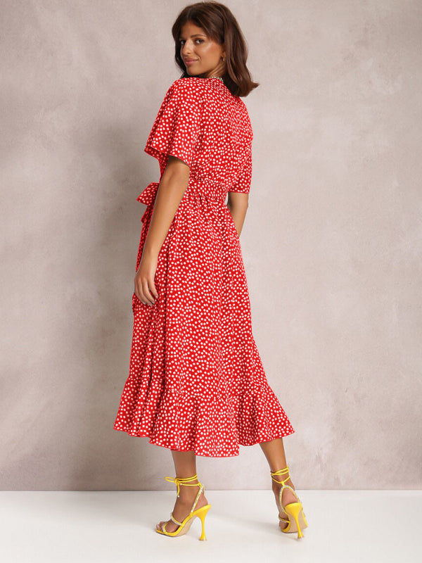 Midi Dresses- Wrap Belt Ruffle Dress: Surplice V Neck, Polka Dot, Petal Sleeves- - Pekosa Women Clothing