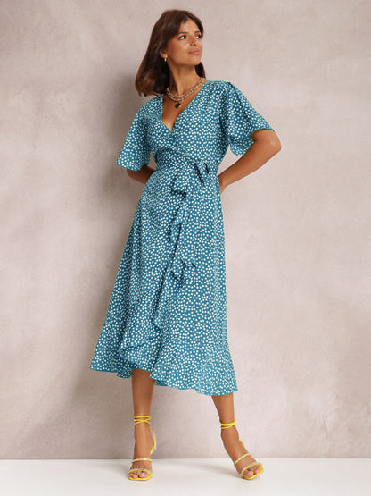 Midi Dresses- Wrap Belt Ruffle Dress: Surplice V Neck, Polka Dot, Petal Sleeves- - Pekosa Women Clothing