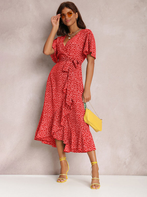 Midi Dresses- Wrap Belt Ruffle Dress: Surplice V Neck, Polka Dot, Petal Sleeves- - Pekosa Women Clothing