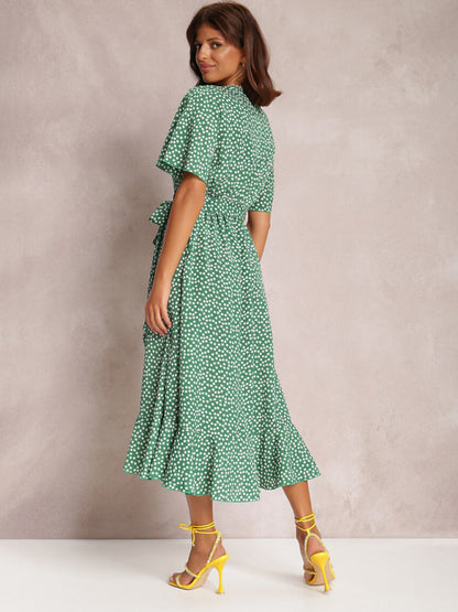 Midi Dresses- Wrap Belt Ruffle Dress: Surplice V Neck, Polka Dot, Petal Sleeves- - Pekosa Women Clothing