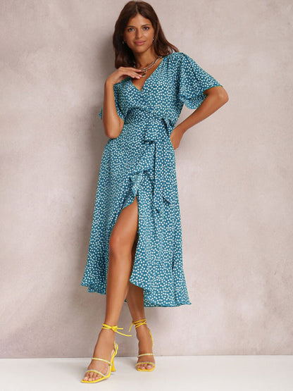 Midi Dresses- Wrap Belt Ruffle Dress: Surplice V Neck, Polka Dot, Petal Sleeves- - Pekosa Women Clothing