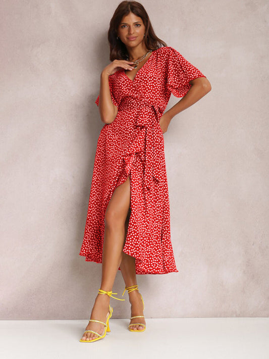 Midi Dresses- Wrap Belt Ruffle Dress: Surplice V Neck, Polka Dot, Petal Sleeves- Red- Pekosa Women Clothing