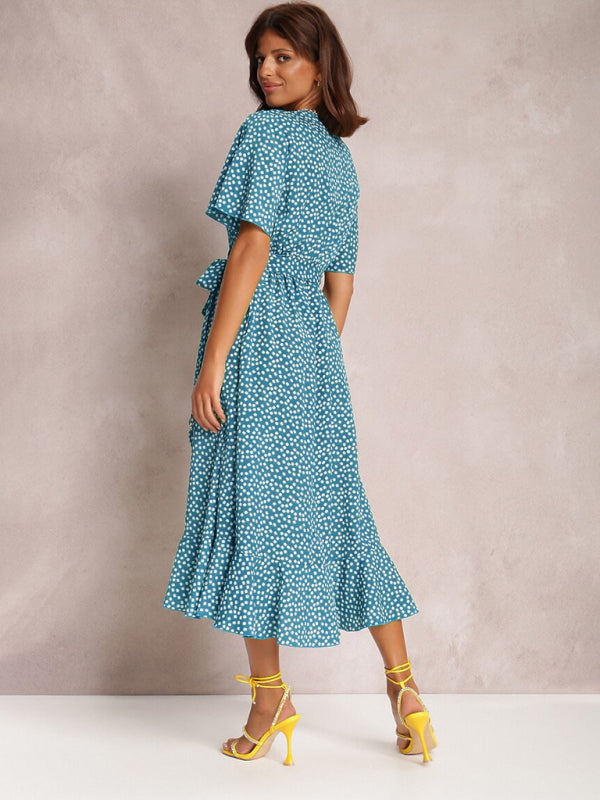 Midi Dresses- Wrap Belt Ruffle Dress: Surplice V Neck, Polka Dot, Petal Sleeves- - Pekosa Women Clothing