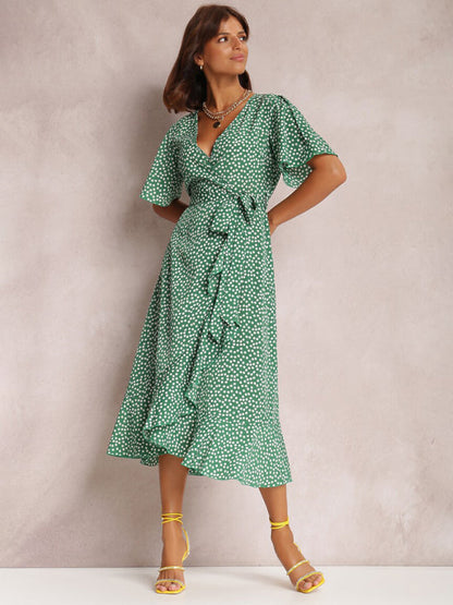 Midi Dresses- Wrap Belt Ruffle Dress: Surplice V Neck, Polka Dot, Petal Sleeves- Green- Pekosa Women Clothing