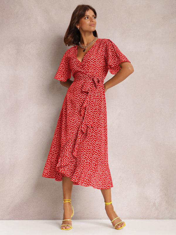 Midi Dresses- Wrap Belt Ruffle Dress: Surplice V Neck, Polka Dot, Petal Sleeves- - Pekosa Women Clothing