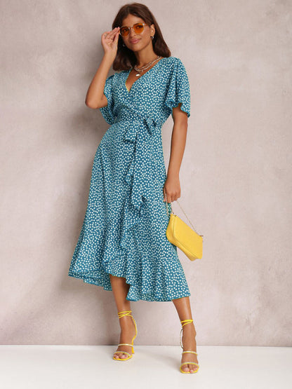 Midi Dresses- Wrap Belt Ruffle Dress: Surplice V Neck, Polka Dot, Petal Sleeves- Blue- Pekosa Women Clothing