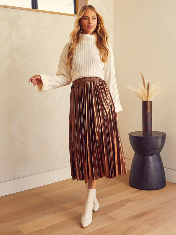 Midi Skirts- Metallic Faux Leather Pleated Midi Skirt- Olive yellow- Pekosa Women Clothing