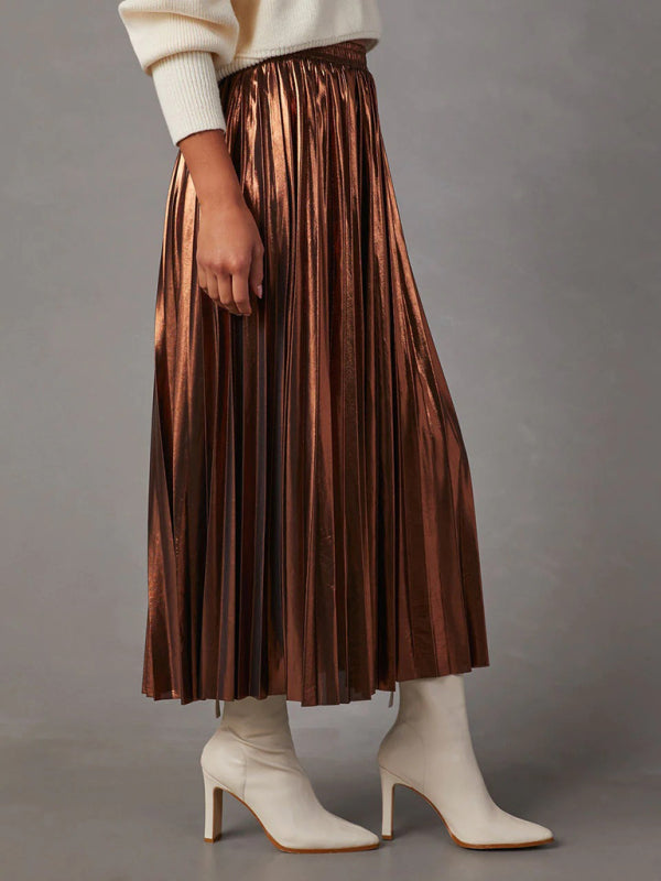 Midi Skirts- Metallic Faux Leather Pleated Midi Skirt- - Pekosa Women Clothing