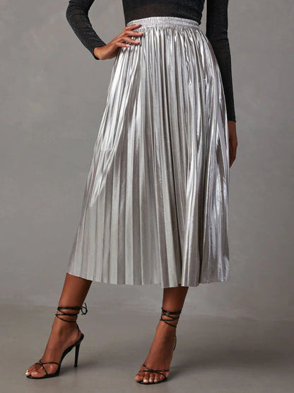 Midi Skirts- Metallic Faux Leather Pleated Midi Skirt- - Pekosa Women Clothing