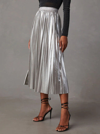 Midi Skirts- Metallic Faux Leather Pleated Midi Skirt- - Pekosa Women Clothing