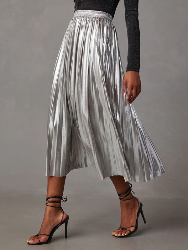 Midi Skirts- Metallic Faux Leather Pleated Midi Skirt- - Pekosa Women Clothing