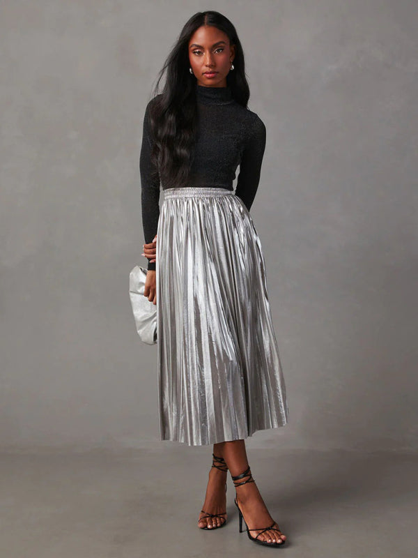 Midi Skirts- Metallic Faux Leather Pleated Midi Skirt- - Pekosa Women Clothing