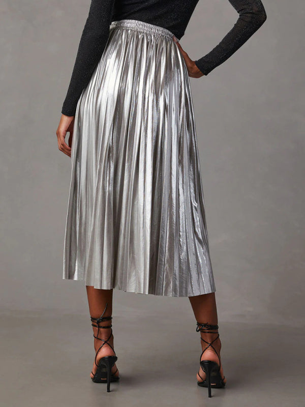 Midi Skirts- Metallic Faux Leather Pleated Midi Skirt- - Pekosa Women Clothing