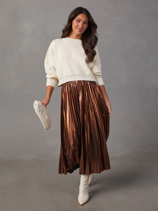 Midi Skirts- Metallic Faux Leather Pleated Midi Skirt- - Pekosa Women Clothing