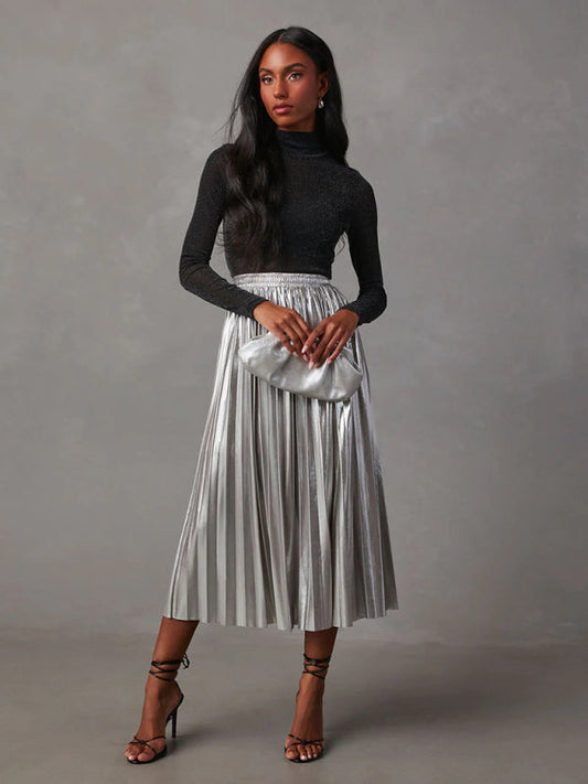 Midi Skirts- Metallic Faux Leather Pleated Midi Skirt- Silver grey- Pekosa Women Clothing