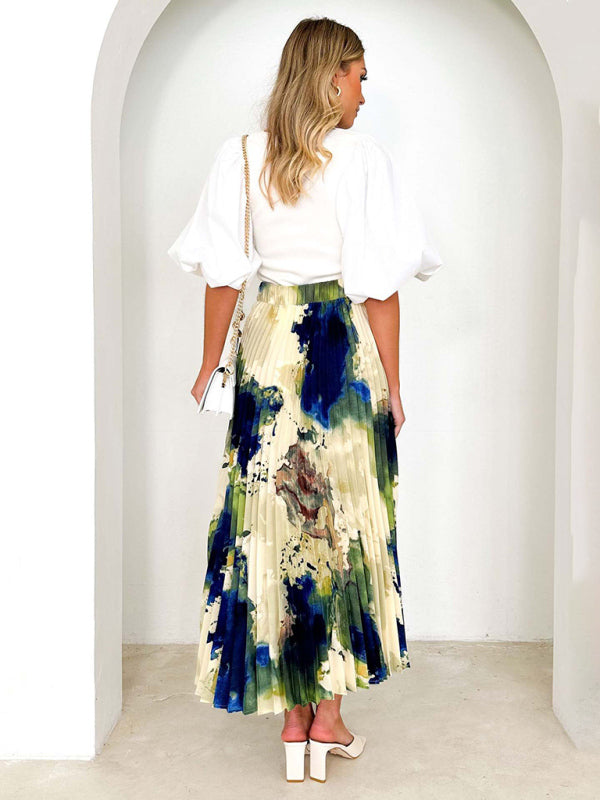 Midi Skirts- Printed High Waist Pleated Midi Skirt in Plisse- - Pekosa Women Clothing