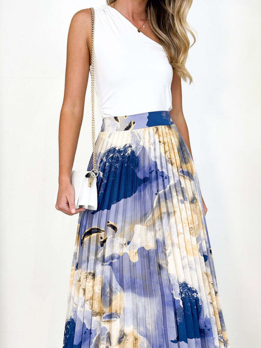 Midi Skirts- Printed High Waist Pleated Midi Skirt in Plisse- Blue- Pekosa Women Clothing