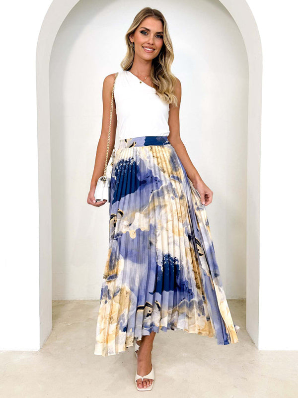 Midi Skirts- Printed High Waist Pleated Midi Skirt in Plisse- - Pekosa Women Clothing