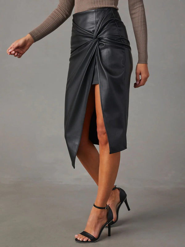 Midi Skirts- Solid Faux Leather Overskirt Knot Wrap Midi Skirt- - Pekosa Women Clothing