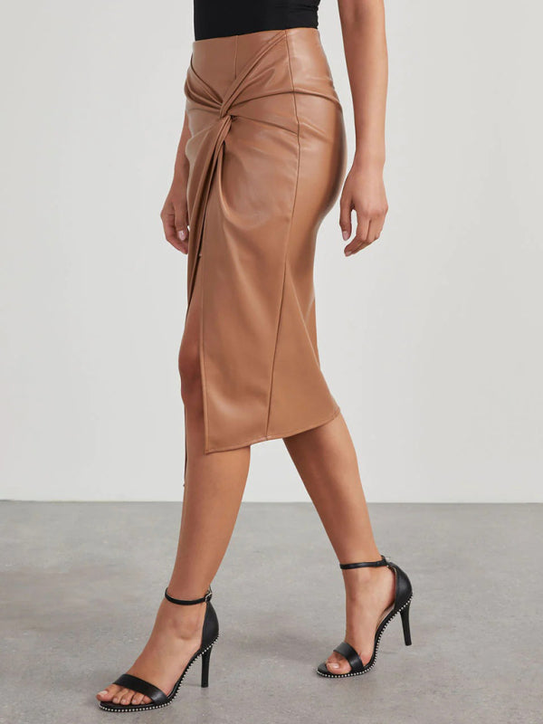 Midi Skirts- Solid Faux Leather Overskirt Knot Wrap Midi Skirt- - Pekosa Women Clothing