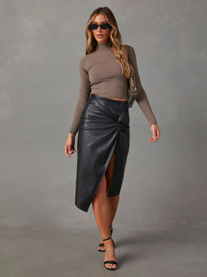 Midi Skirts- Solid Faux Leather Overskirt Knot Wrap Midi Skirt- - Pekosa Women Clothing