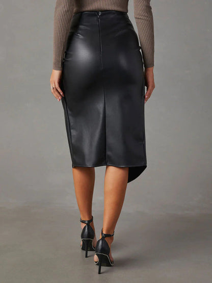 Midi Skirts- Solid Faux Leather Overskirt Knot Wrap Midi Skirt- - Pekosa Women Clothing