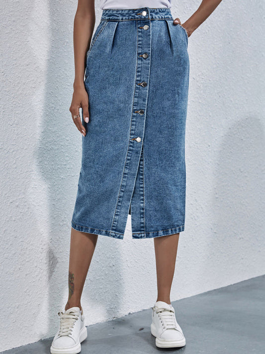Midi Skirts- Versatile and Stylish Washed Denim Midi Skirt with Pockets & Button Up- Blue- Pekosa Women Clothing