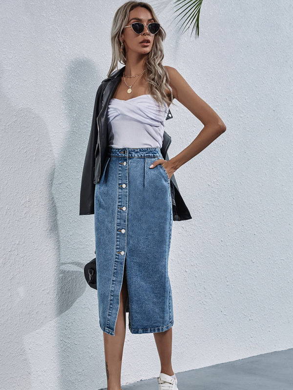 Midi Skirts- Versatile and Stylish Washed Denim Midi Skirt with Pockets & Button Up- - Pekosa Women Clothing