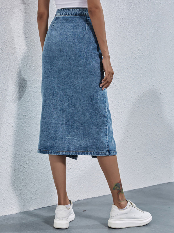 Midi Skirts- Versatile and Stylish Washed Denim Midi Skirt with Pockets & Button Up- - Pekosa Women Clothing