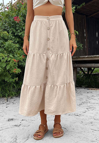 Midi Skirts- Women's Must-Have: Trendy Tiered Button Down Midi Skirt- - Pekosa Women Clothing