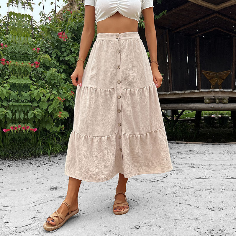 Midi Skirts- Women's Must-Have: Trendy Tiered Button Down Midi Skirt- Cracker khaki- Pekosa Women Clothing