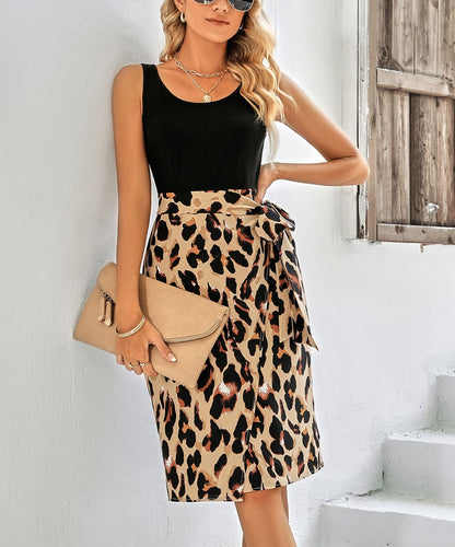 Midi dress- Leopard Print Colorblock Belted A-line Dress- - Pekosa Women Clothing