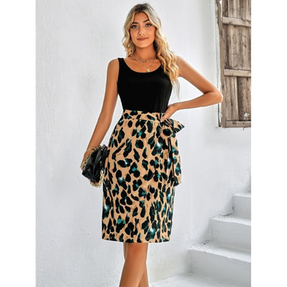 Midi dress- Leopard Print Colorblock Belted A-line Dress- - Pekosa Women Clothing