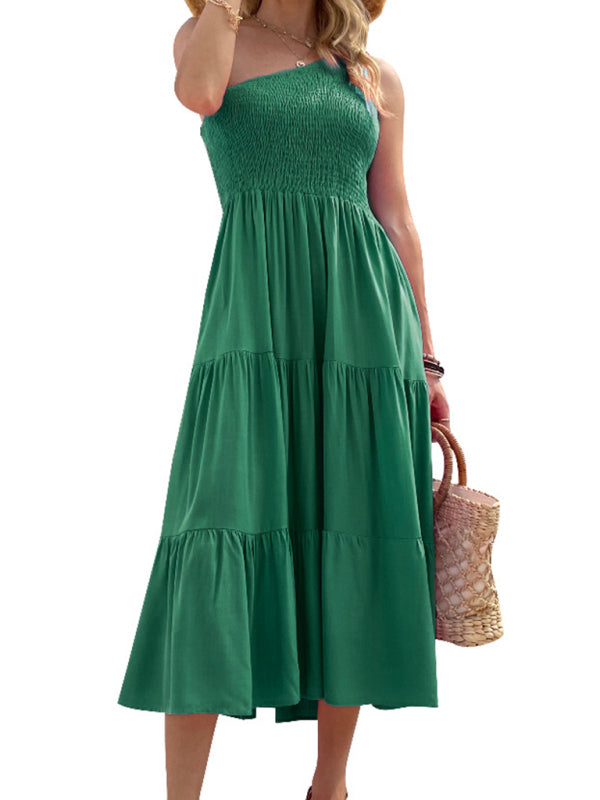 Midi dress- Solid Cotton One-shoulder Smocked Midi Dress- Green- Pekosa Women Clothing