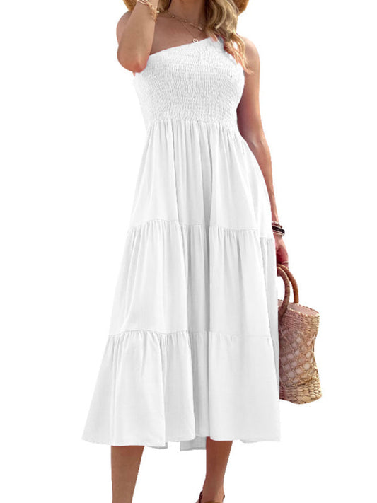 Midi dress- Solid Cotton One-shoulder Smocked Midi Dress- White- Pekosa Women Clothing