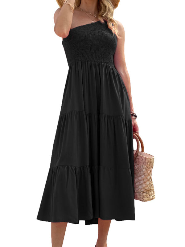 Midi dress- Solid Cotton One-shoulder Smocked Midi Dress- Black- Pekosa Women Clothing