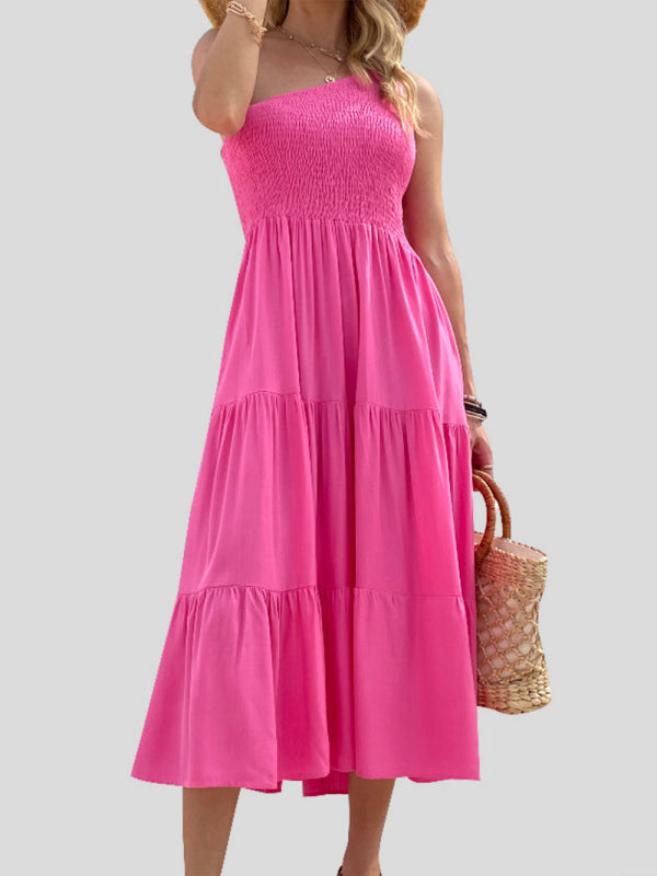 Midi dress- Solid Cotton One-shoulder Smocked Midi Dress- Pink- Pekosa Women Clothing