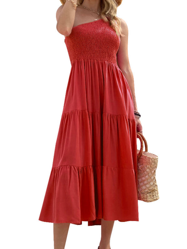 Midi dress- Solid Cotton One-shoulder Smocked Midi Dress- Red- Pekosa Women Clothing