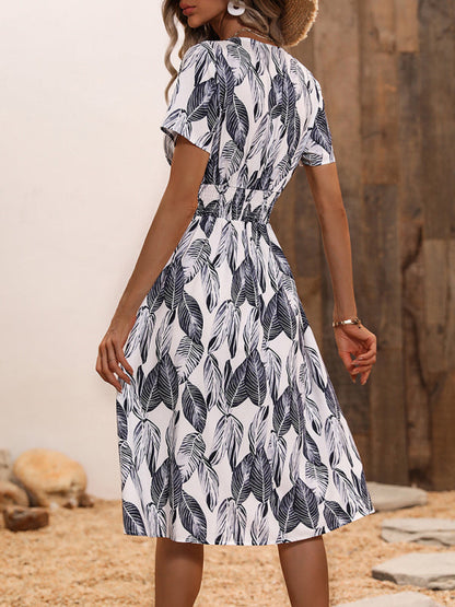 Midi dress- Tropical Breeze: Elegant Vacation Midi Dress with Leaf Print- - Pekosa Women Clothing