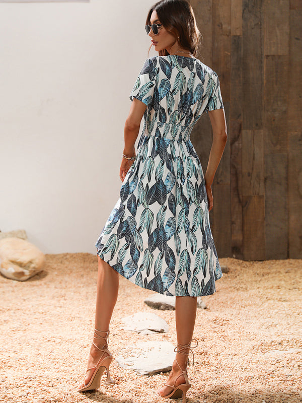 Midi dress- Tropical Breeze: Elegant Vacation Midi Dress with Leaf Print- - Pekosa Women Clothing