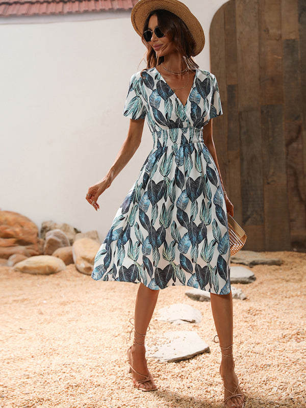 Midi dress- Tropical Breeze: Elegant Vacation Midi Dress with Leaf Print- - Pekosa Women Clothing