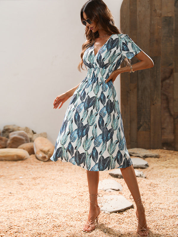 Midi dress- Tropical Breeze: Elegant Vacation Midi Dress with Leaf Print- - Pekosa Women Clothing