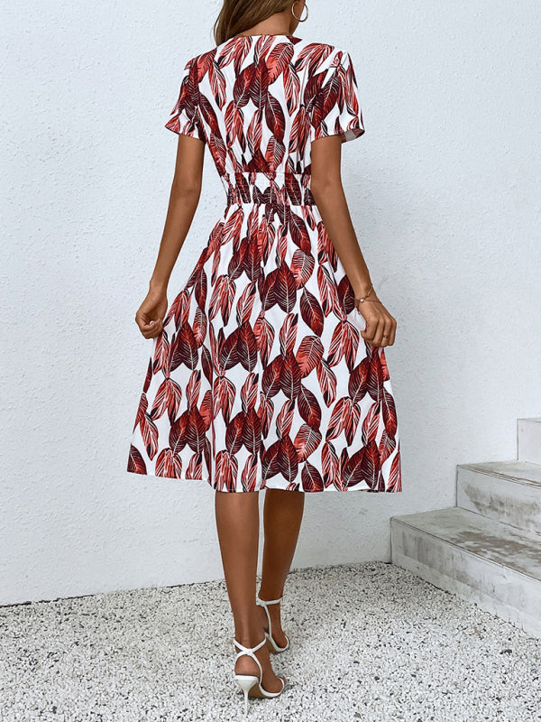 Midi dress- Tropical Breeze: Elegant Vacation Midi Dress with Leaf Print- - Pekosa Women Clothing