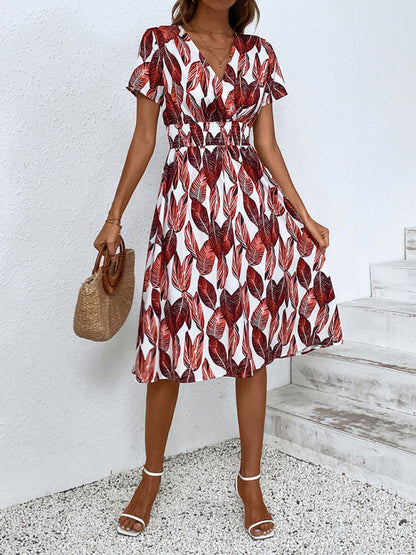 Midi dress- Tropical Breeze: Elegant Vacation Midi Dress with Leaf Print- - Pekosa Women Clothing