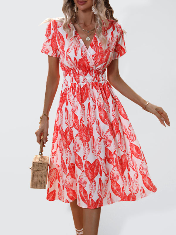 Midi dress- Tropical Breeze: Elegant Vacation Midi Dress with Leaf Print- Red- Pekosa Women Clothing